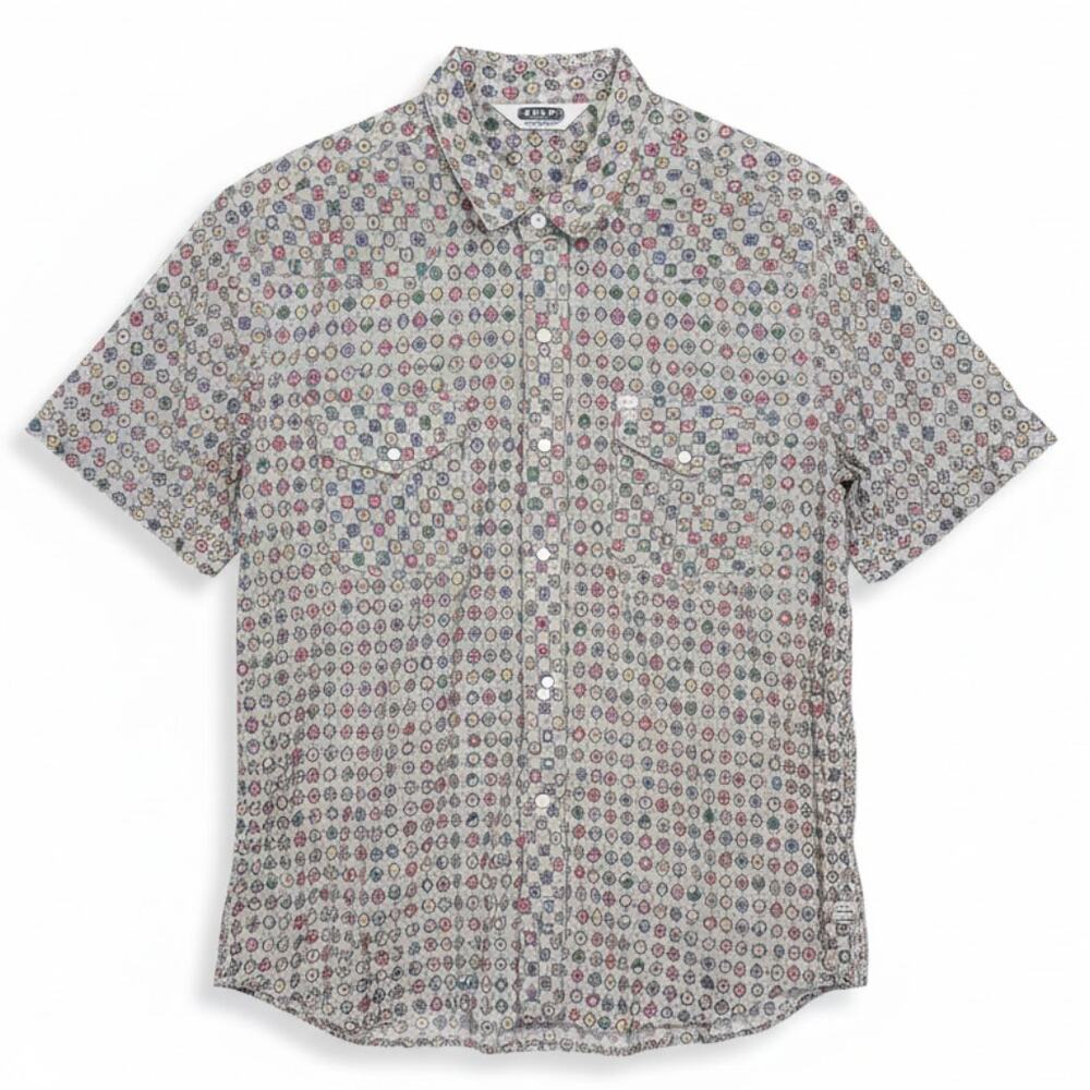 Salt Valley Western Mens Large Geometric Print Tan Multi S/S Pearl Snap Shirt